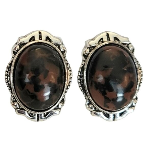 1928 Brand Faux Mahogany Jasper Lucite Cab Clip On Earrings K153 - Picture 10 of 10